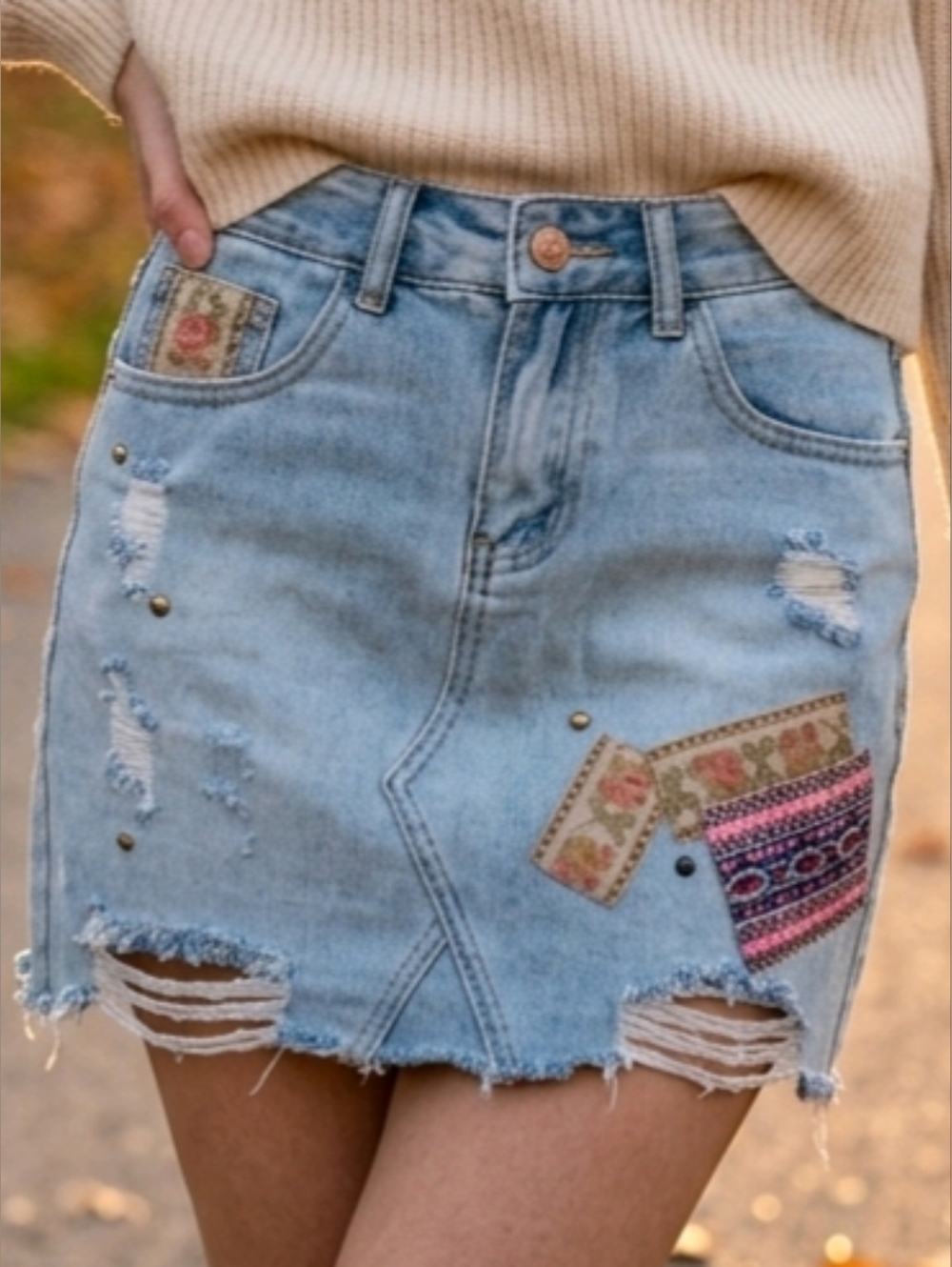 Cider Light Blue Embellished Distressed Denim Mini Skirt - Women
